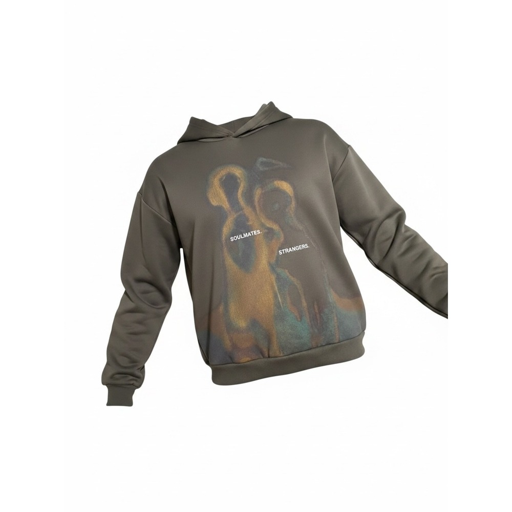 Romwe Mens XL Soulmates Strangers Abstract Graphic Hoodie Gray Streetwear